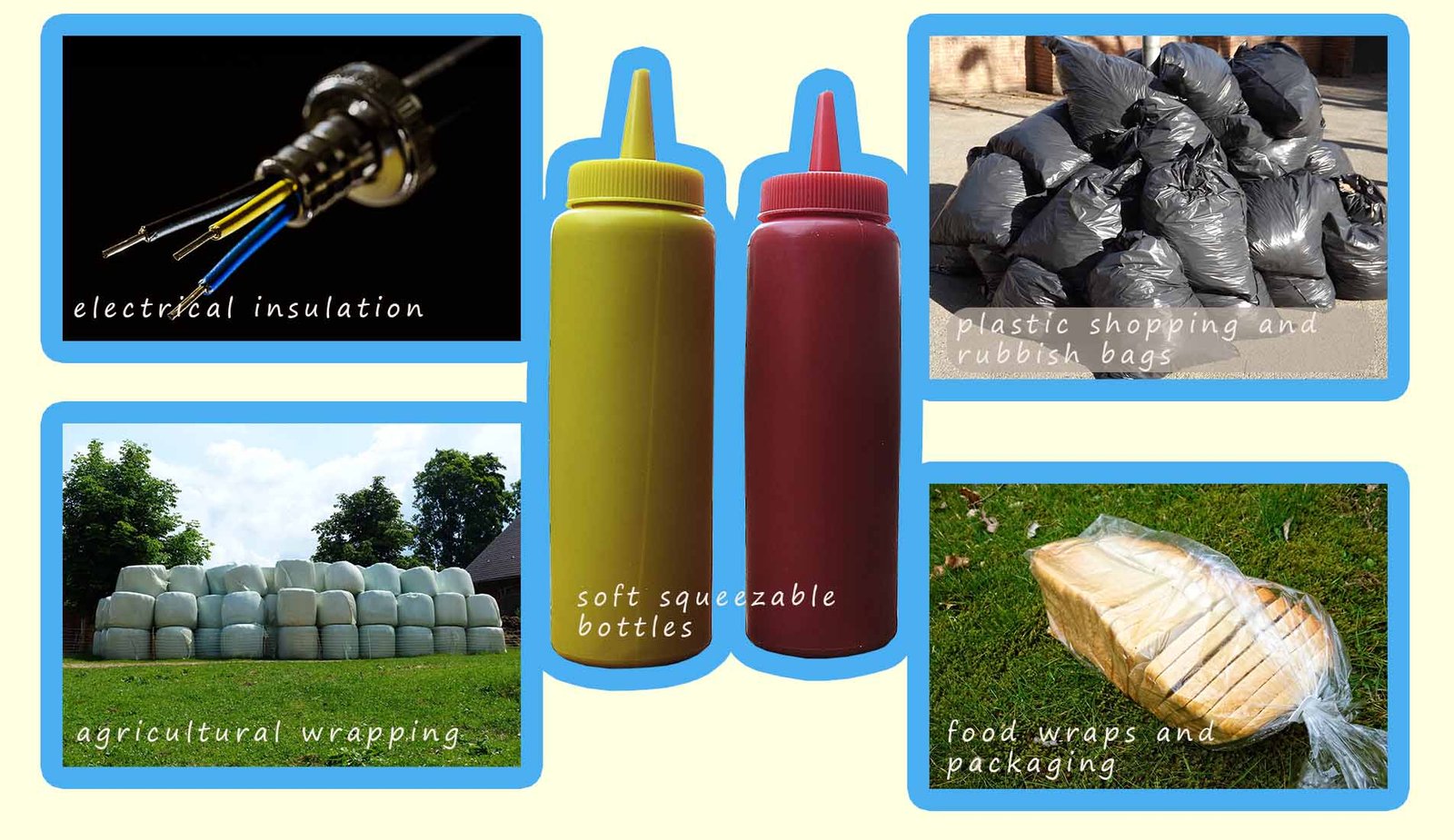 A montage to show the uses of LDPE.